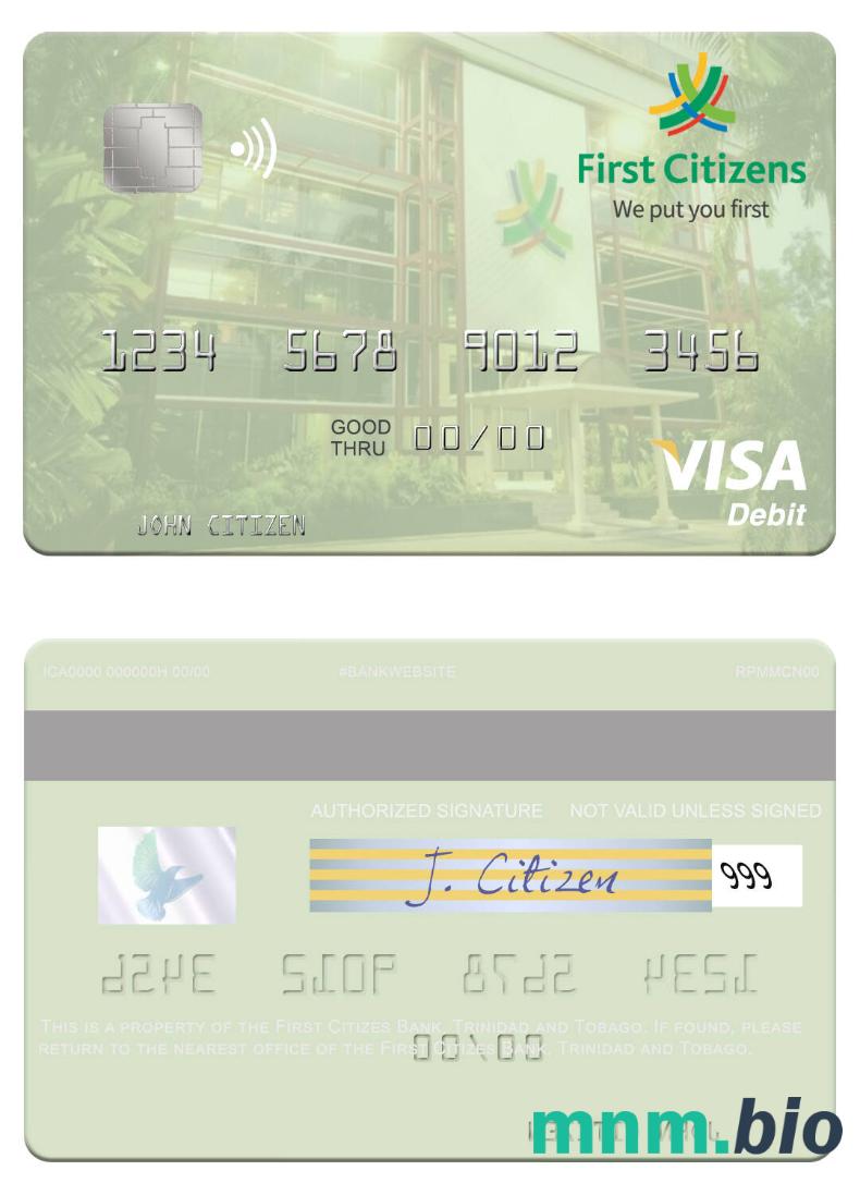 Trinidad and Tobago First Citizes Bank visa debet karta przykład w formacie PSD